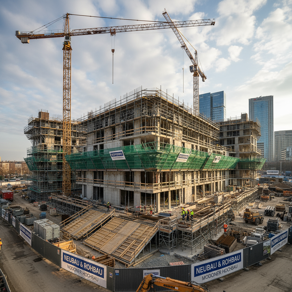 modern building construction site for Neubau und Rohbau, showing cranes, scaffolding, and unfinished concrete structure