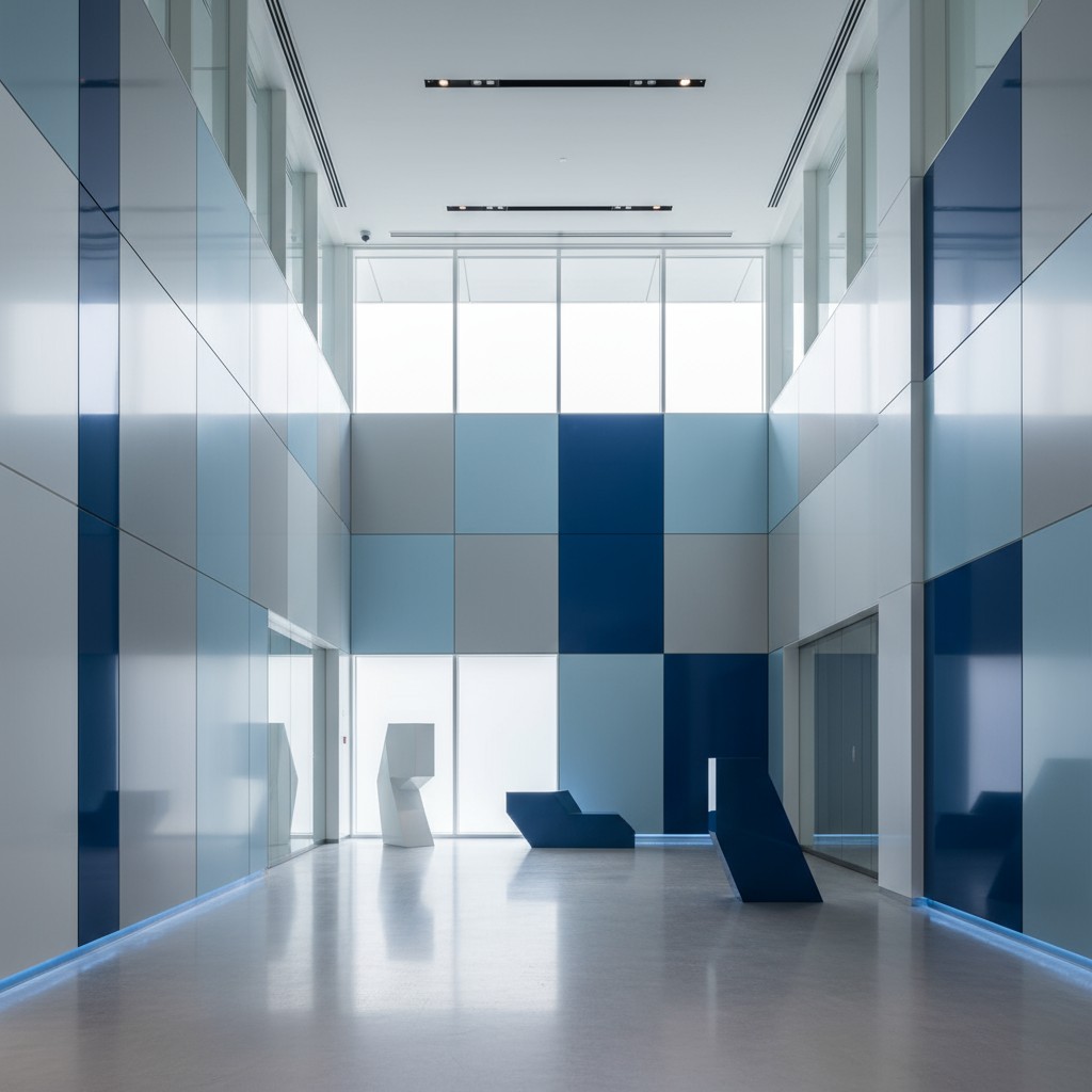 Tiefe, betrachtungsreiche,во进一步深入和细致描述描述, weißblaue geometrische Interieursdesign Komposition.